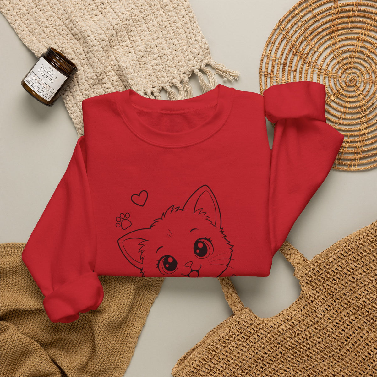 Cute Kawaii Kitten Crewneck Sweatshirt — Adorable Cat Line-Art Pullover