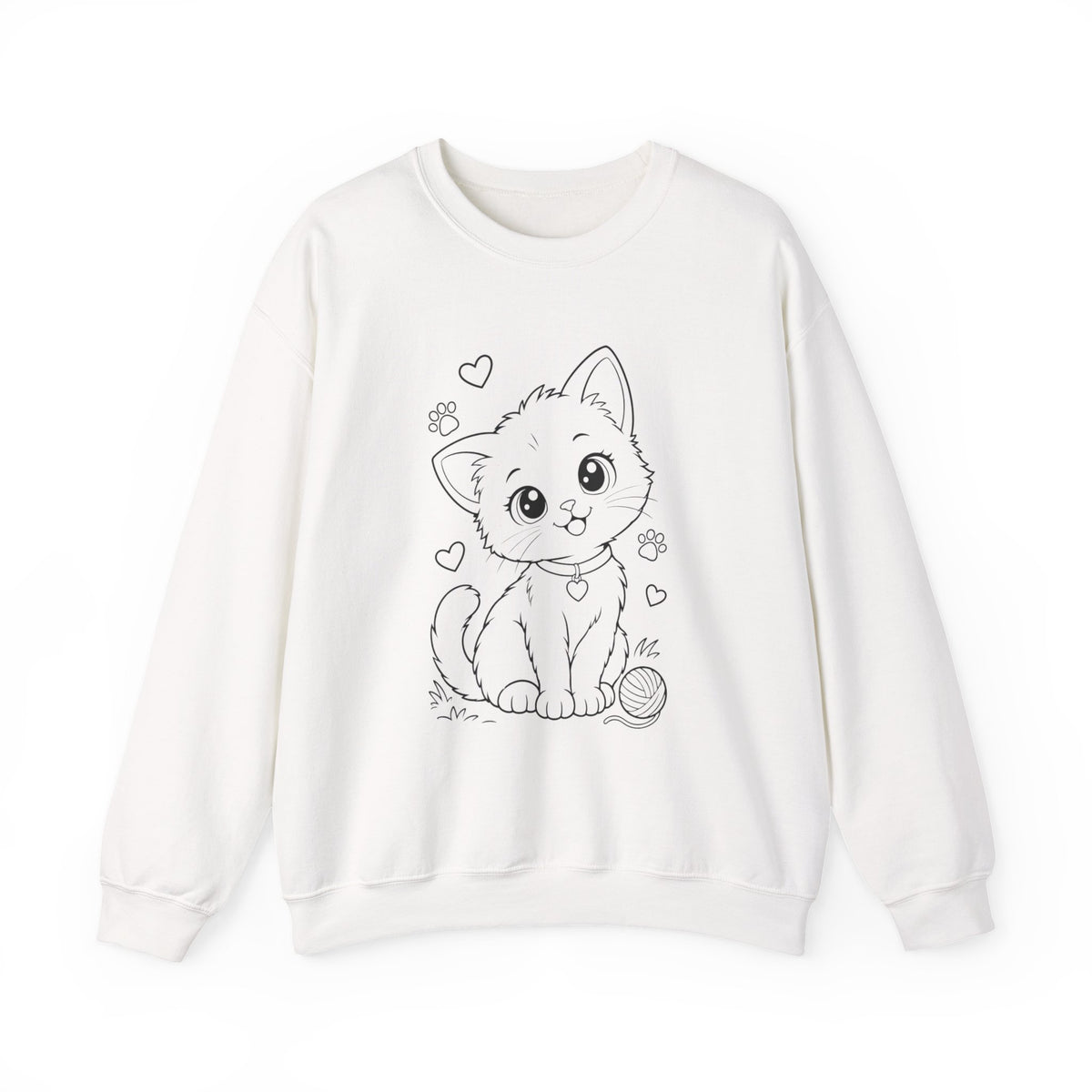 Cute Kawaii Kitten Crewneck Sweatshirt — Adorable Cat Line-Art Pullover