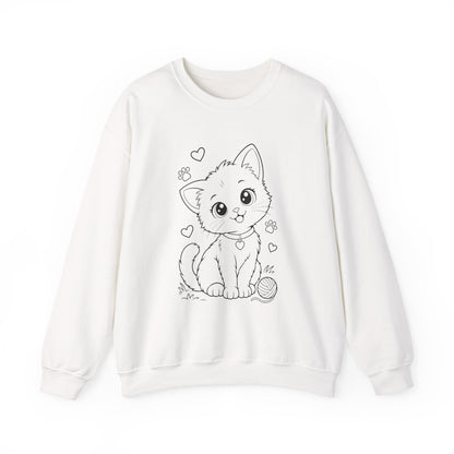 Cute Kawaii Kitten Crewneck Sweatshirt — Adorable Cat Line-Art Pullover