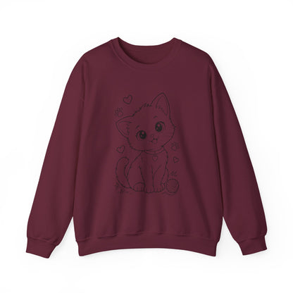 Cute Kawaii Kitten Crewneck Sweatshirt — Adorable Cat Line-Art Pullover