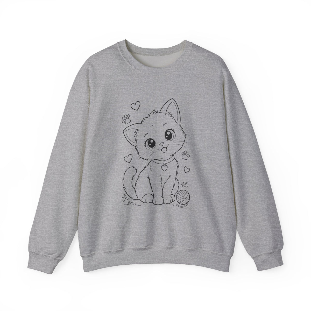 Cute Kawaii Kitten Crewneck Sweatshirt — Adorable Cat Line-Art Pullover