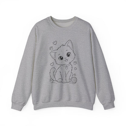 Cute Kawaii Kitten Crewneck Sweatshirt — Adorable Cat Line-Art Pullover
