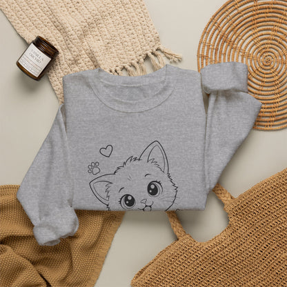Cute Kawaii Kitten Crewneck Sweatshirt — Adorable Cat Line-Art Pullover