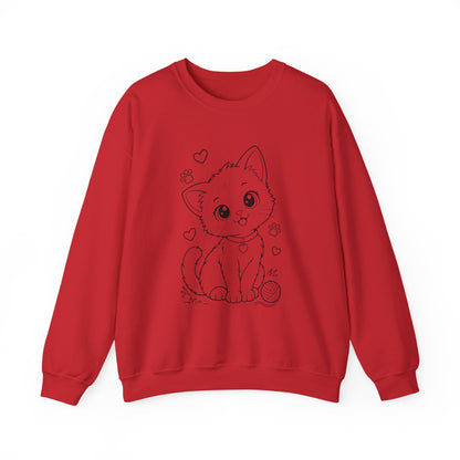 Cute Kawaii Kitten Crewneck Sweatshirt — Adorable Cat Line-Art Pullover