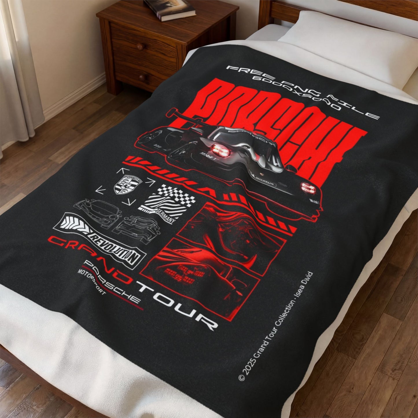 Porsche Grand Tour Velveteen Plush Blanket – Red Racing Car Graphic