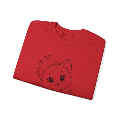 Cute Kawaii Kitten Crewneck Sweatshirt — Adorable Cat Line-Art Pullover