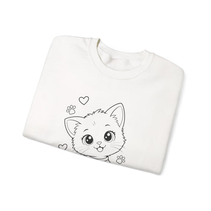 Cute Kawaii Kitten Crewneck Sweatshirt — Adorable Cat Line-Art Pullover
