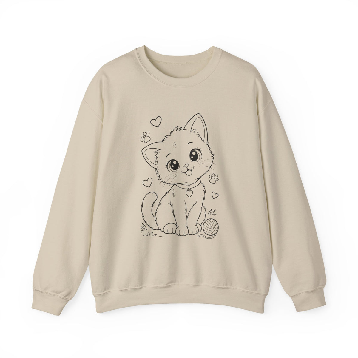 Cute Kawaii Kitten Crewneck Sweatshirt — Adorable Cat Line-Art Pullover