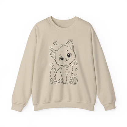 Cute Kawaii Kitten Crewneck Sweatshirt — Adorable Cat Line-Art Pullover