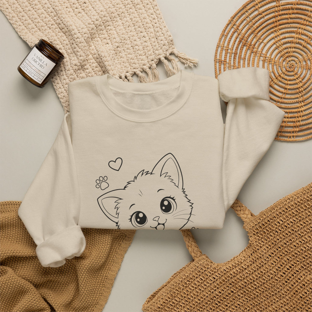 Cute Kawaii Kitten Crewneck Sweatshirt — Adorable Cat Line-Art Pullover