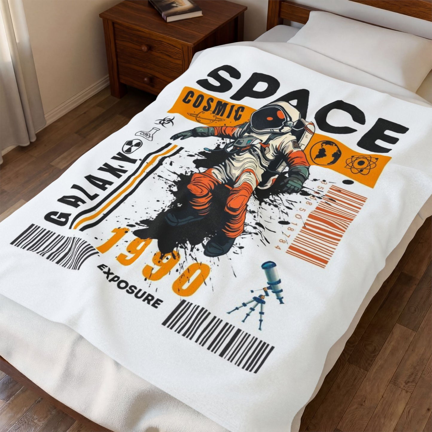 Space Galaxy Astronaut Velveteen Plush Blanket – 'Space Cosmic 1990' Graphic Throw
