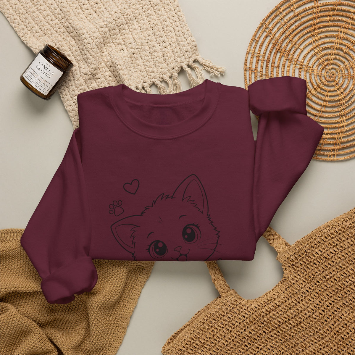 Cute Kawaii Kitten Crewneck Sweatshirt — Adorable Cat Line-Art Pullover