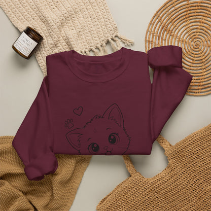 Cute Kawaii Kitten Crewneck Sweatshirt — Adorable Cat Line-Art Pullover