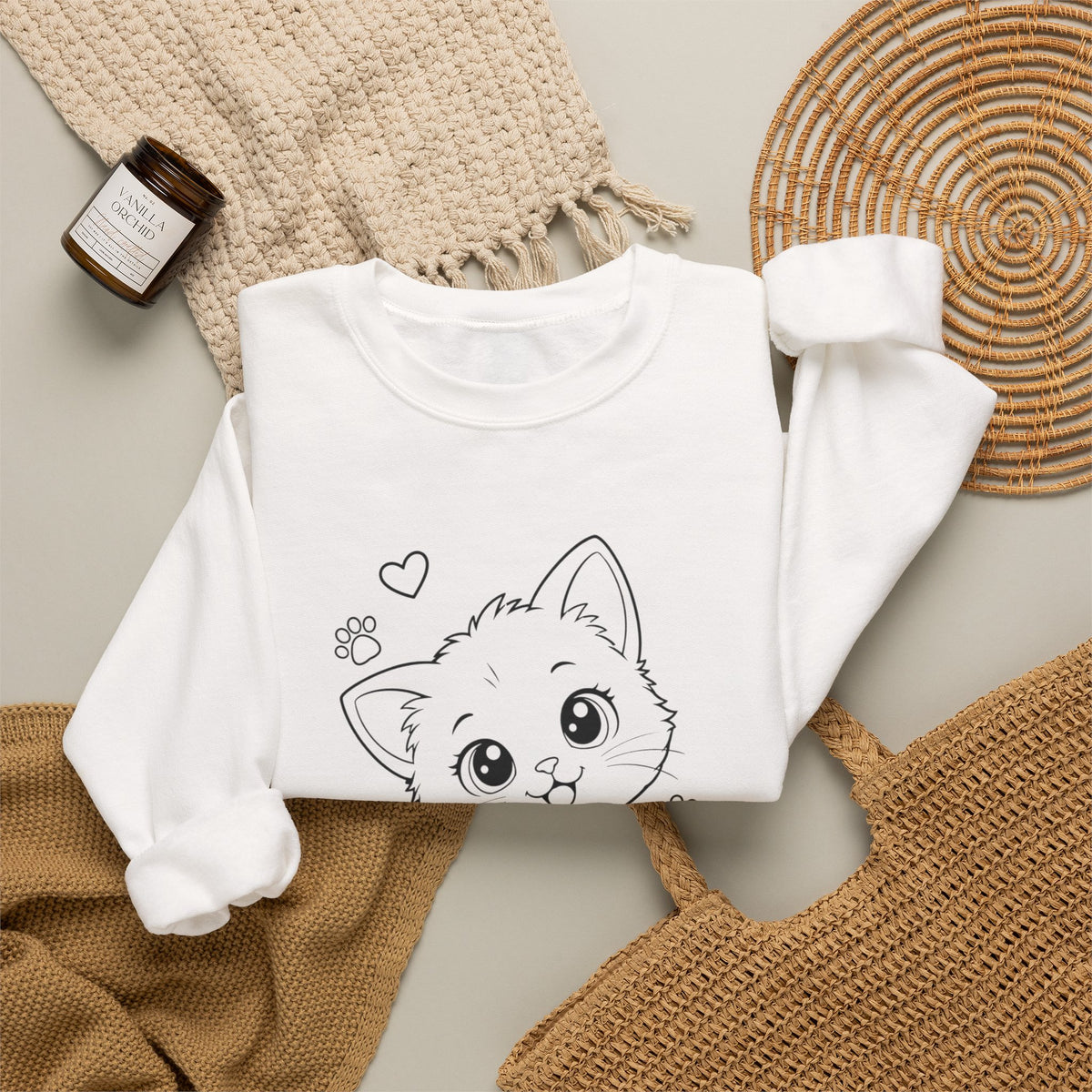Cute Kawaii Kitten Crewneck Sweatshirt — Adorable Cat Line-Art Pullover