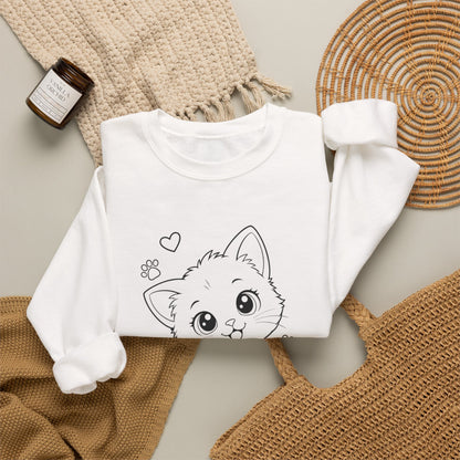 Cute Kawaii Kitten Crewneck Sweatshirt — Adorable Cat Line-Art Pullover