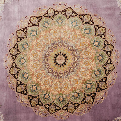 Handwoven Purple Medallion Pattern Pure Silk Rug