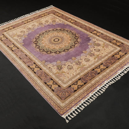 Handwoven Purple Medallion Pattern Pure Silk Rug