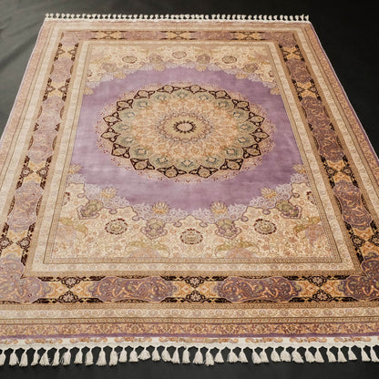 Handwoven Purple Medallion Pattern Pure Silk Rug
