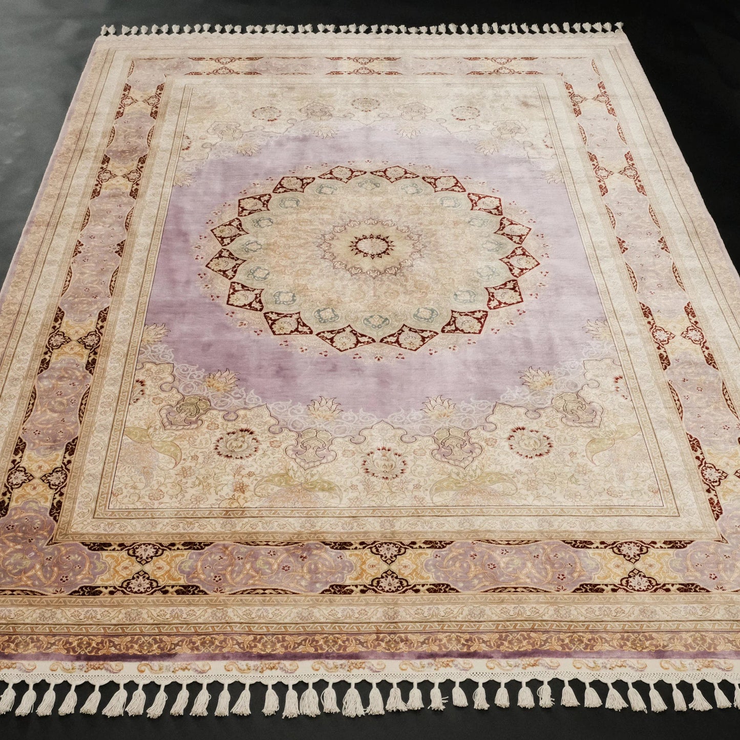 Handwoven Purple Medallion Pattern Pure Silk Rug