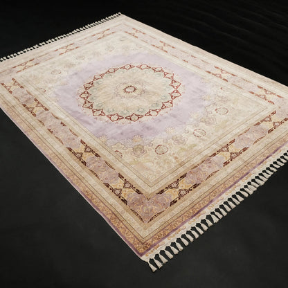 Handwoven Purple Medallion Pattern Pure Silk Rug