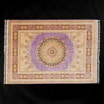 Handwoven Purple Medallion Pattern Pure Silk Rug
