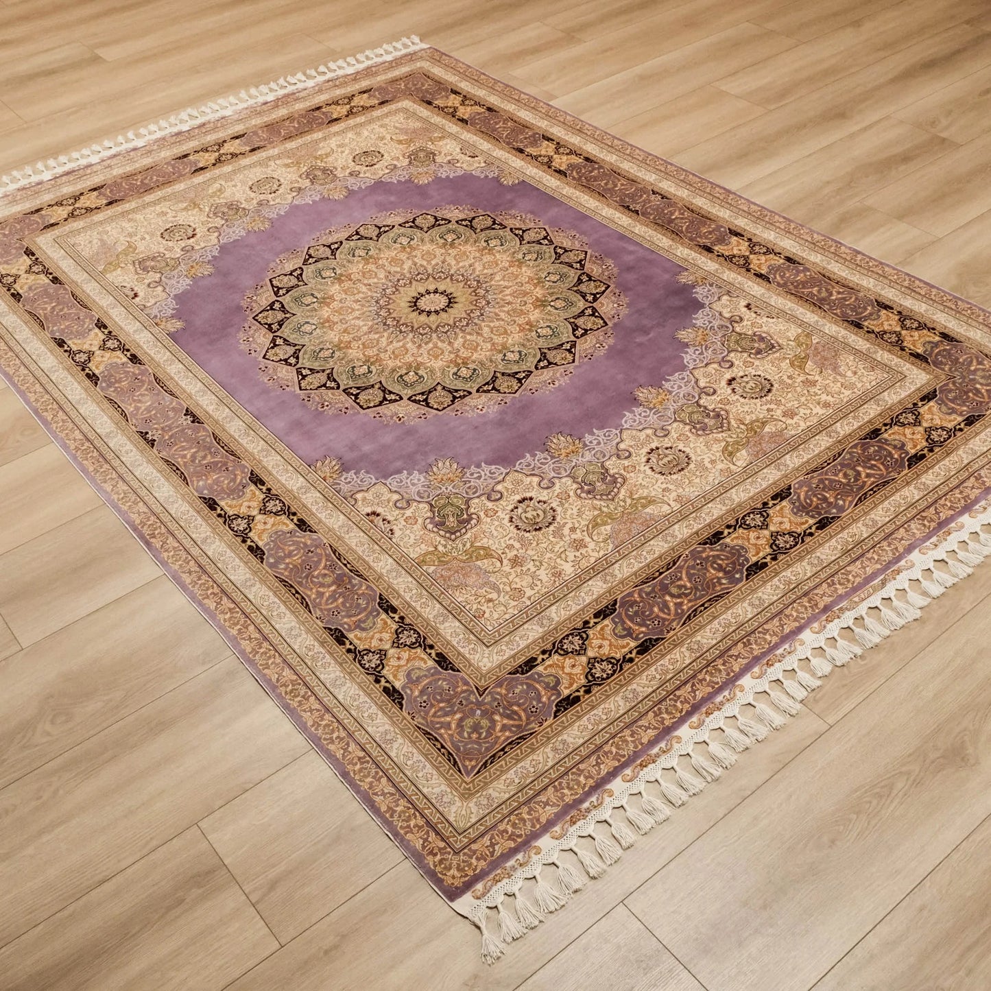 Handwoven Purple Medallion Pattern Pure Silk Rug