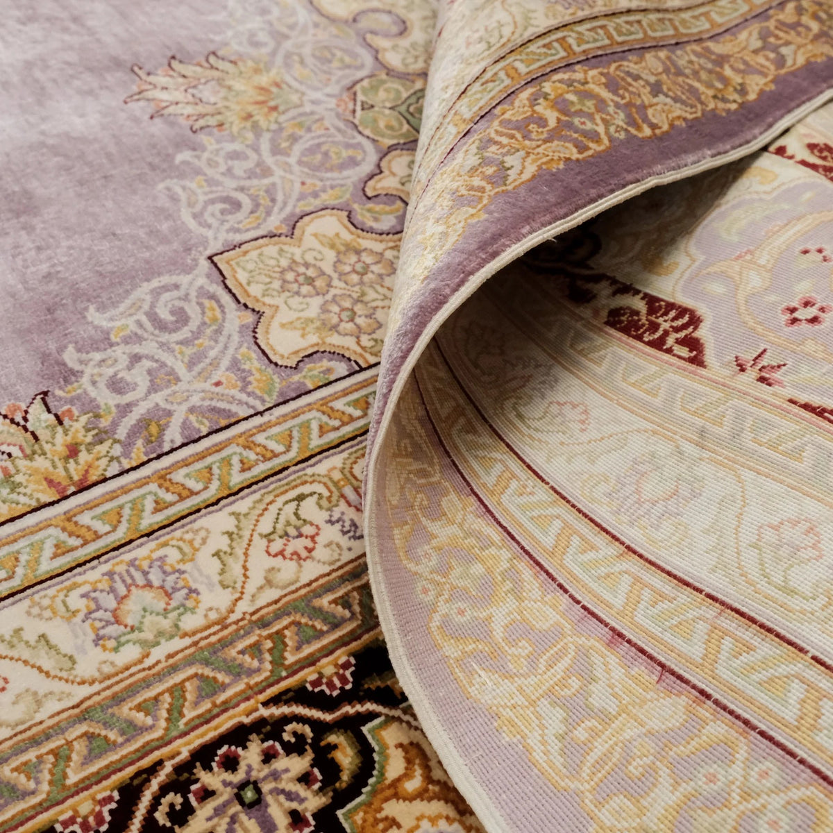 Handwoven Purple Medallion Pattern Pure Silk Rug